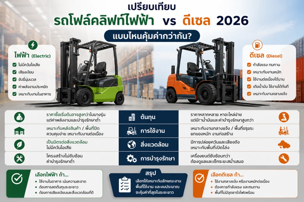 เปรียบเทียบรถโฟล์คลิฟท์ไฟฟ้า vs ดีเซล 2026 : แบบไหนคุ้มค่ากว่ากัน?