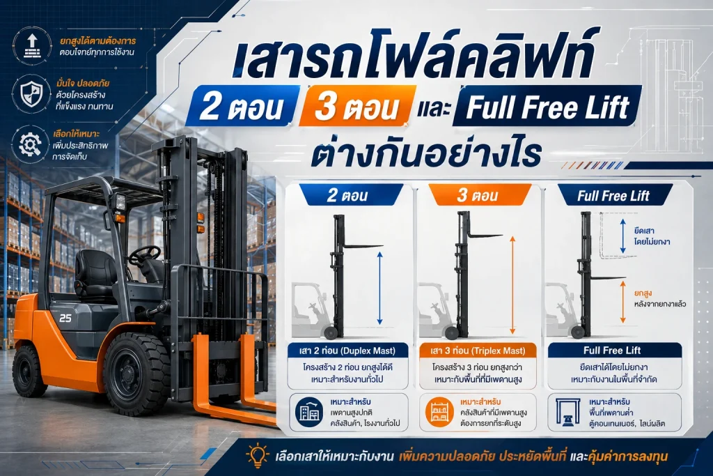 เสารถโฟล์คลิฟท์ 2 ตอน 3 ตอน และ Full Free Lift ต่างกันอย่างไร