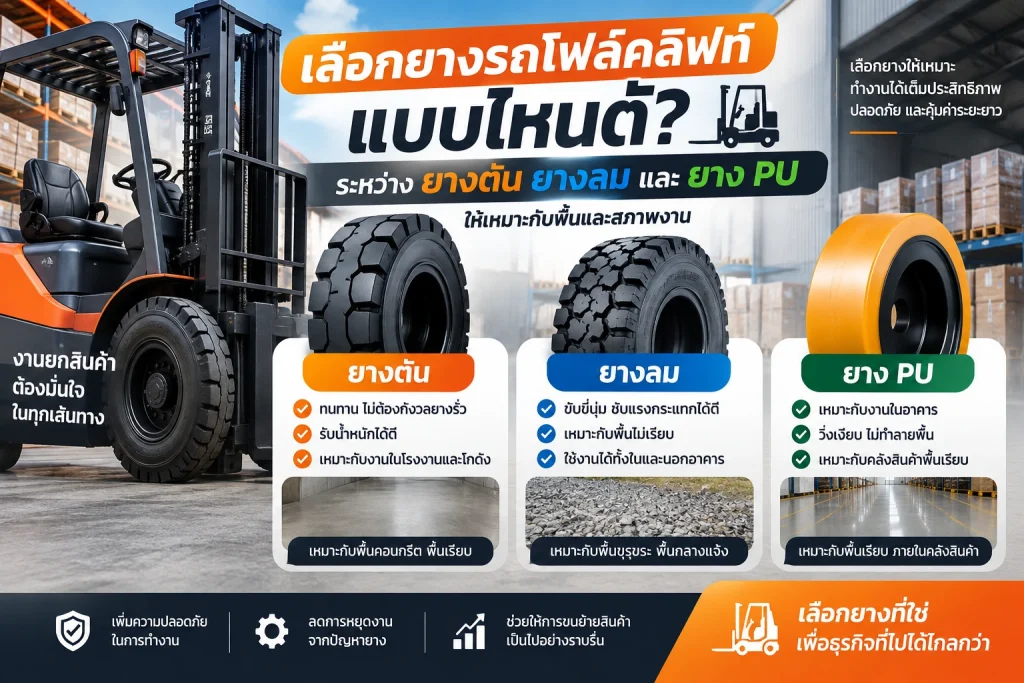 เลือกยางรถโฟล์คลิฟท์แบบไหนดี ระหว่างยางตัน ยางลม และยาง PU ให้เหมาะกับพื้นและสภาพงาน